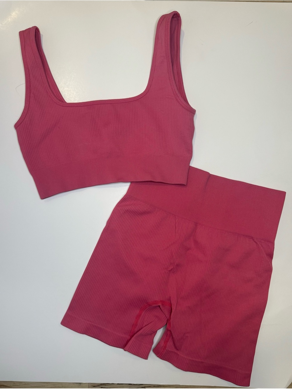 Ribbed Sports Bra & High-Waist Bike Short Set - Pink